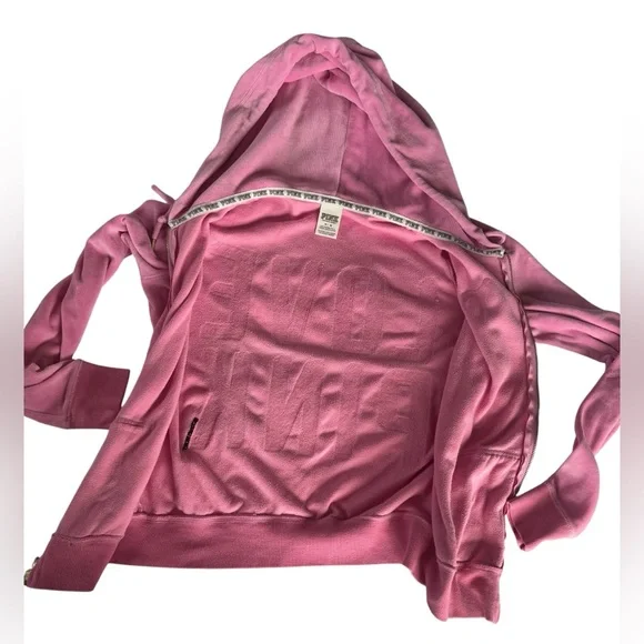 Y2K Victoria's Secret Love Pink Velour Hoodie bubblegum Pink Gold Sequin Medium - Picture 9 of 12
